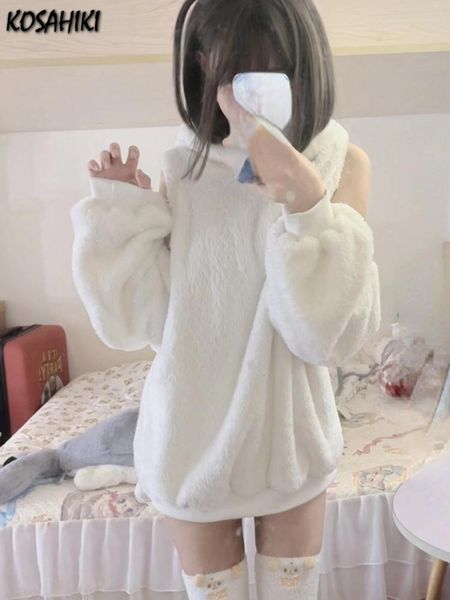 

fur japanese lamb wool jacket off shoulder sheep ear pullovers +short pants korean fashion white hooded kawaii 2 piece sets womens, Black