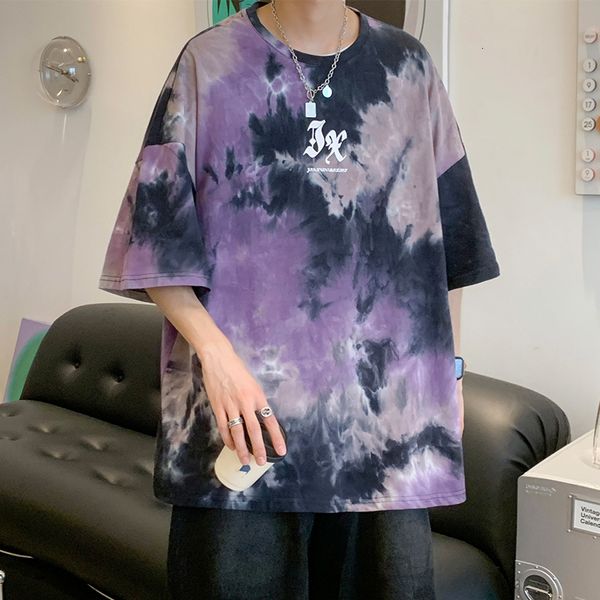 

men' tank men summer hip hop streetwear fashion t-shirts cotton oversized tees mens casual tie-dye o-neck short sleeve t shirt, White;black