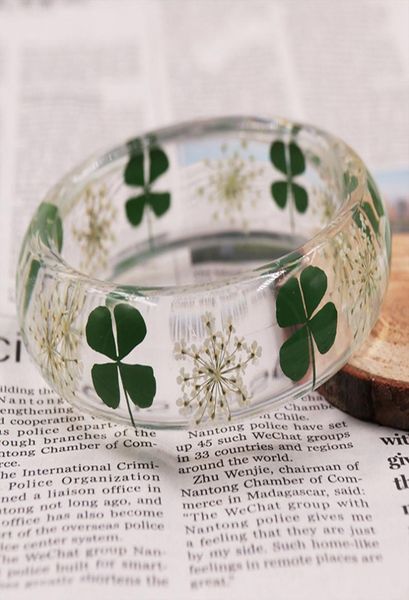 

ladies new green plant fourleaf clover bracelet lace resin dried flower bracelets polished craft jewelry natural gift bracelet9258983, Golden;silver