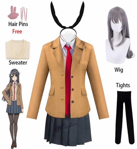 

anime sakurajima mai cosplay seishun buta yarou wa bunny girl women school uniform wig halloween costume party suit ears q08216889545, Black;red
