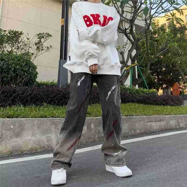 

designer jeans 2023 new style pants high street fashion brand gradient work dress jeans men's straight tube loose floor sweeping wide l, Blue