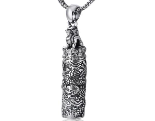 

990 sterling silver vintage memorial thai silver ancient bottle jewelry dragon design punk mens pendant holder ash urn necklace6697977