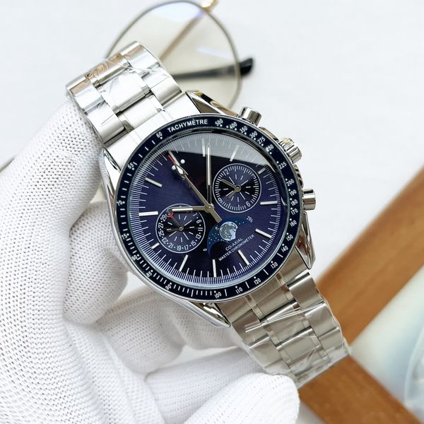

grade 44mm quartz chronograph high mens watches red hands stainless steel bracelet fixed bezel with a ring showing tachymeter, Slivery;black