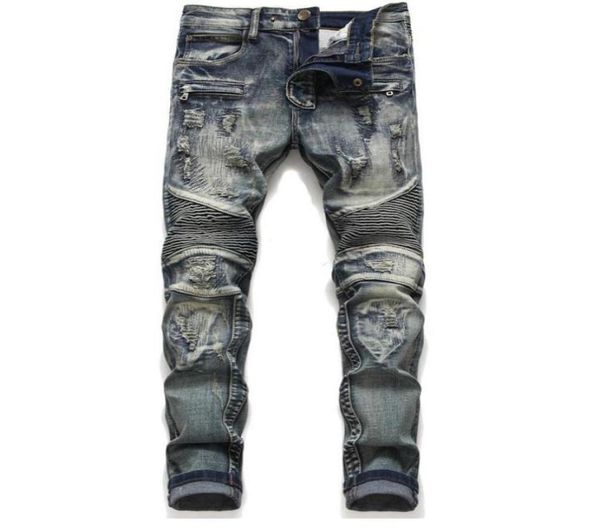 

mens classic biker jeans male slim straight knee drape panel moto biker jeans destroyed ripped stretch hip hop trousers 18062161661, Blue