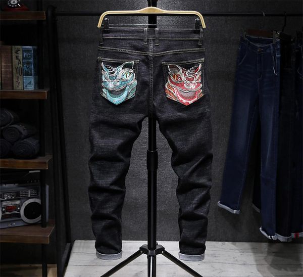 

chinese style ghost head embroidery jeans new autumn black stretch jeans men039s slim primary color hip hop denim 7585598, Blue