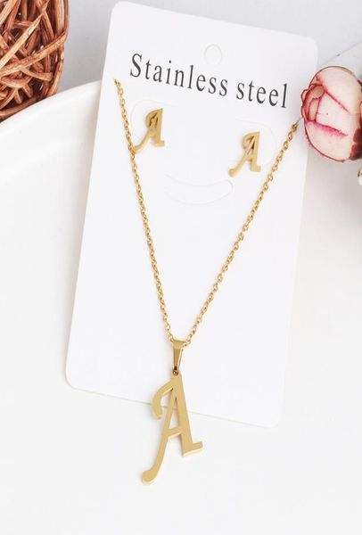 

26 letter initial pendant necklace with earrings 18k gold plated chain choker for women bling alphabet statement stainless steel j8482370, Silver