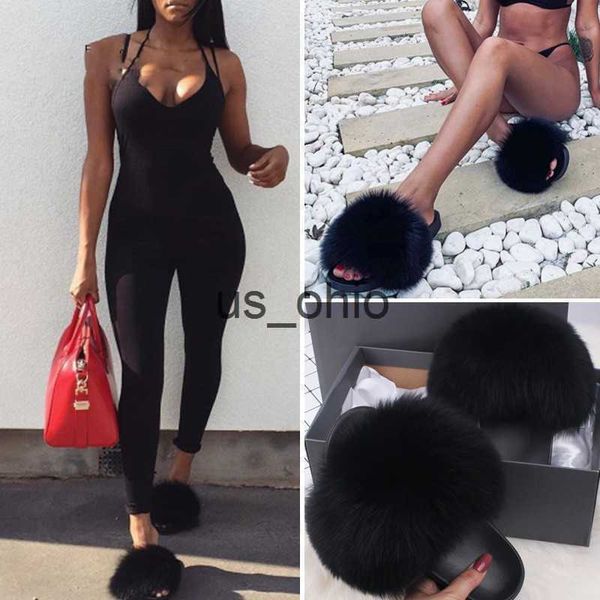 

slippers fur slippers women summer fashion fluffy plush flipflops luxury charming authentic nonslip wearresistant fox fur sandal j230712, Black