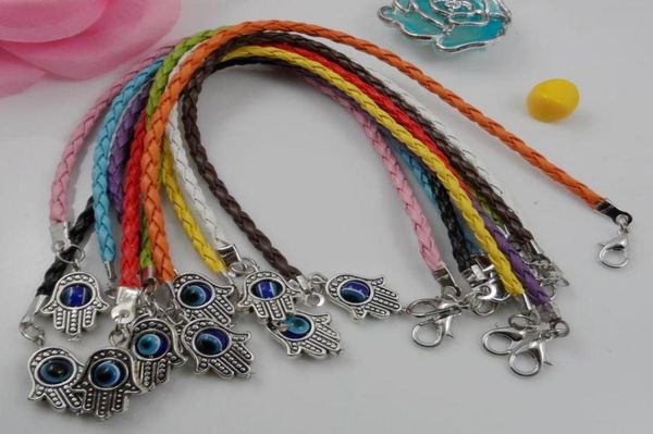 

whole 100pcs mixed leatheroid braided fatima hand kabbalah hamsa evil eye charms bracelets8022828, Golden;silver