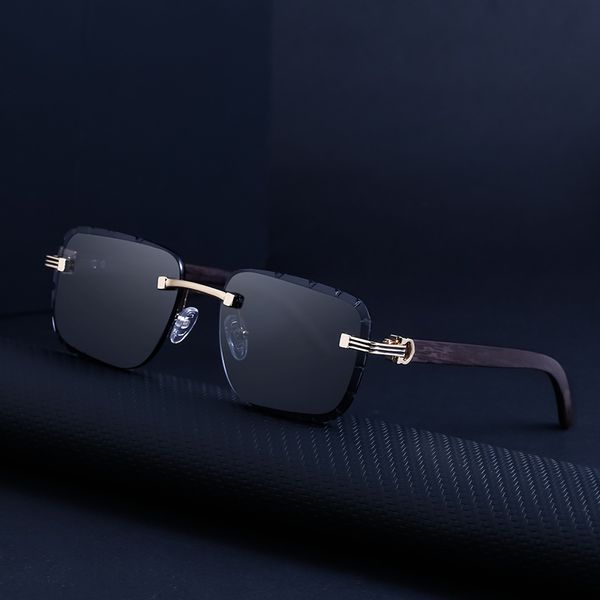 

retro imitation wood grain square frame sunglasses rimless cut edge carved driving sunglasses for men and women, White;black