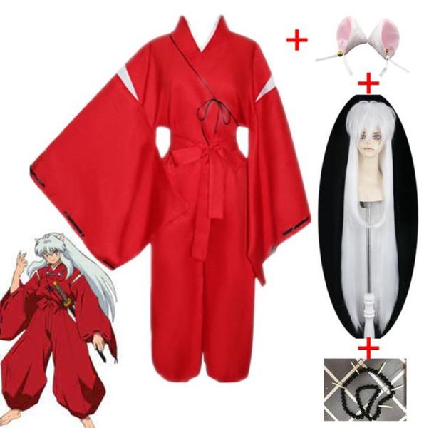 

theme costume anime inuyasha cosplay costume halloween performance costume red suit white wig one pair ear necklaces6222370, Black;red