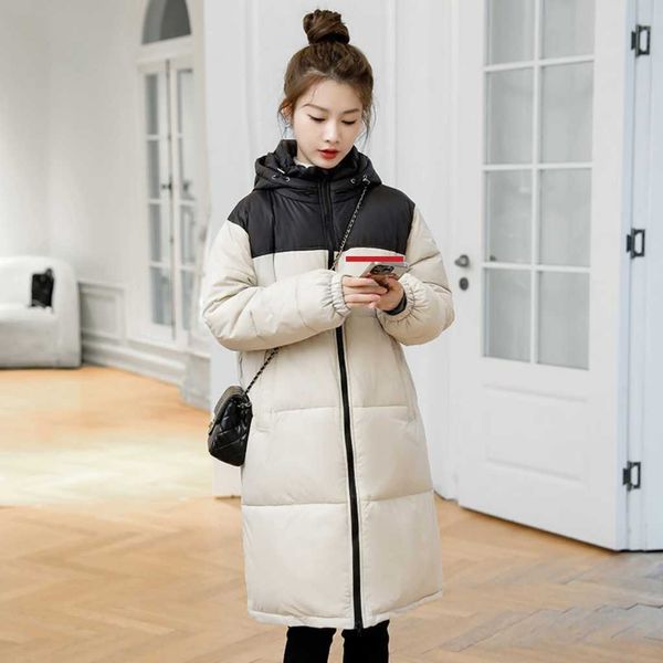 

autumn and winter women's hooded long down coat, splicing two-color, fashion trend, white duck down filled soft and comfortable., Black