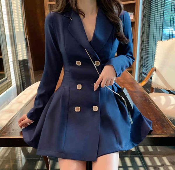 

women double breasted notched lapel collar blazer suits solid chic elegant plelated aline mini dress spring fall 2104161489494, Black;gray