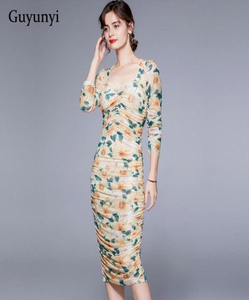 

elegant party dress 2021 summer high waist tight midcalf puff sleeve small folds elasticity vintage floral mesh women casual dres3470750, Black;gray