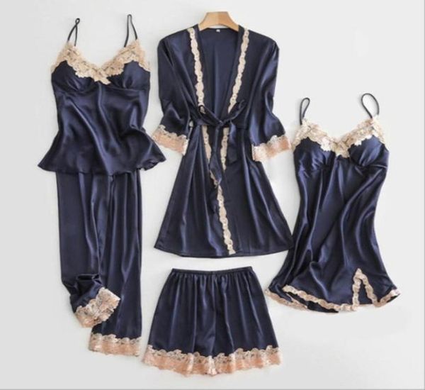 

silk robe sets sleep suit womens lace satin pajamas gown set vneck cami nighties pijama home clothes spring night dress women038310112, Black;red