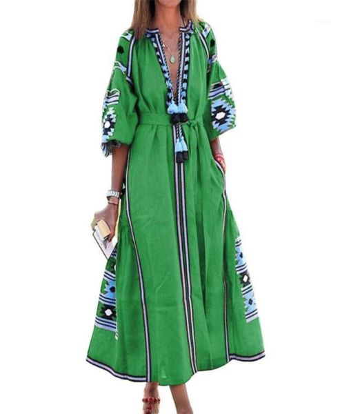 

women vintage v neck 34 puff sleeve floral print tassel large hem maxi dress casual dresses8022119, Black;gray