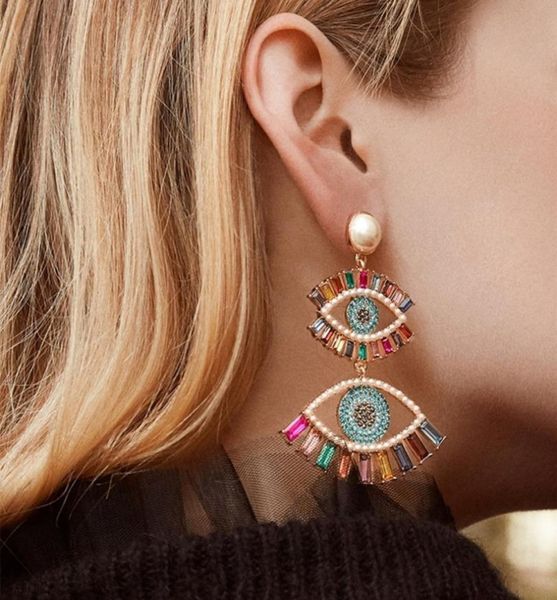 

luxury drop earrings blue evil eye iced out jewelry bling crystal rhinestone pearl big statement fashion party women dangle earrin8860708, Silver