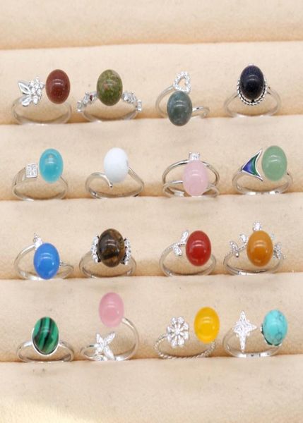 

925 sterling silver gemstone ring adjustable ring with natural stone mounted agate opal turquoise crystal stone fashion jewelry fo6514173, Golden;silver