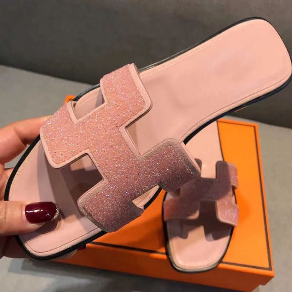 

2023 designer women slippers beach leather mules ladies sandals summer luxury fashion flat h letter female drag nude black white brown woman
