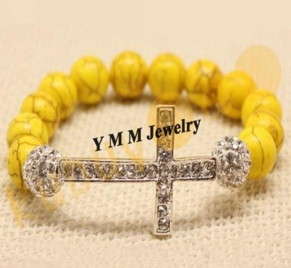 

stretchy sideway cross bracelets yellow turquoise beads european bracelet for women 6pcs valentine039s day gift 2943668, Golden;silver