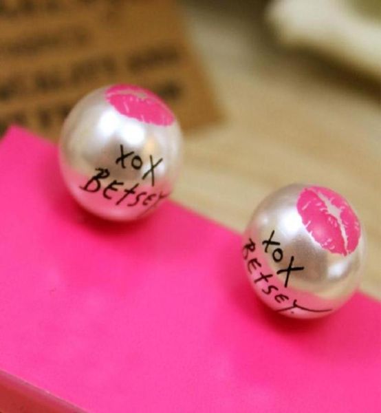 

25pairslot women girls fashion jewelry round faux pearl red lip printed ear stud earrings 2x mhm23414650148160198, Golden;silver