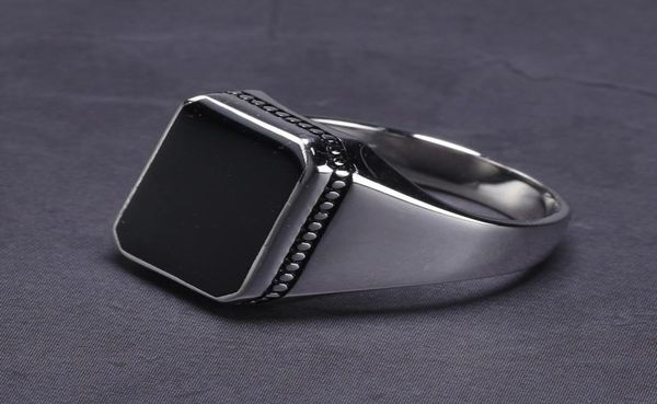 

real solid 925 sterling silver ring simple for men imitated black stone square flat high polishing middle east turkish jewelry c181882691, Slivery;golden