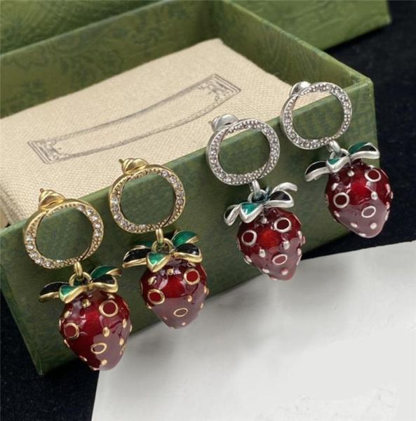 

vintage strawberry pendant earrings charm diamond eardrops interlocking letters studs personality crystal ear hoops8856825, Golden