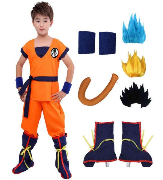 

halloween kids suits son goku gui carnival anime cosplay holiday costumes tail wrister wig blue gold children dress up h22085010429, Black;red
