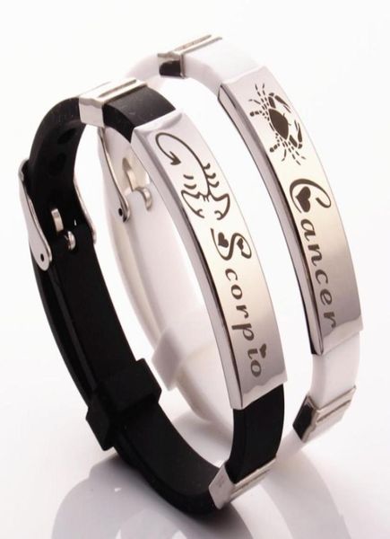 

stainless steel rubber men bracelet 12 constellations white black silicone wristband bangles zodiac sign cuff jewelry for woman lo7399108, Golden;silver