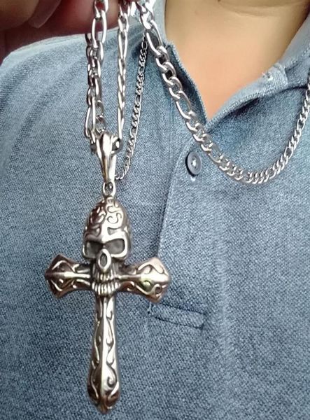 

sturdy 27g gothic style punk retro skull cross pendant figaro chain stainless steel charm ship 254l6799806, Silver