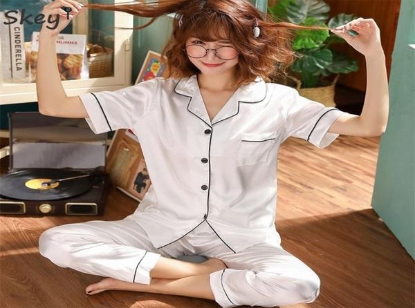 

short sleeve silk pajama sets 2019 women summer short sleeves long pants ladies pijama sleepwear pyjamas nightwear set plus size t9460968, Black;red