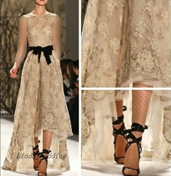 

monique lhuillier designer lace evening dress high low with black sash runway special occasion dresse party gown3606033, Black;red
