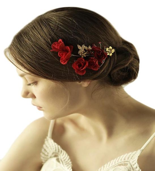 

vintage handmade red rose hair clip golden leaf rhinestones flower headpiece bridal wedding accessories2493210, Slivery;golden