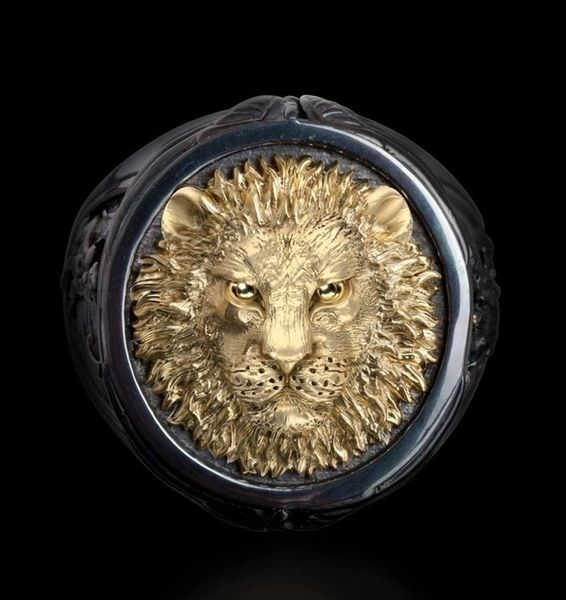 

men039s 18k yellow twotone black gold diamond cool africa grassland lion ring men wedding party jewelry size 77807954, Silver