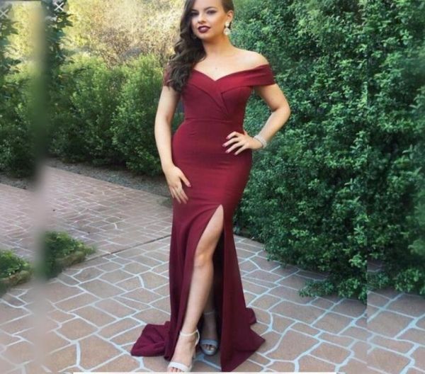 

burgundy bridesmaid dresses spring summer wear off the shoulder side split mermaid prom dress pleats maid of the honor gowns8642139, White;pink