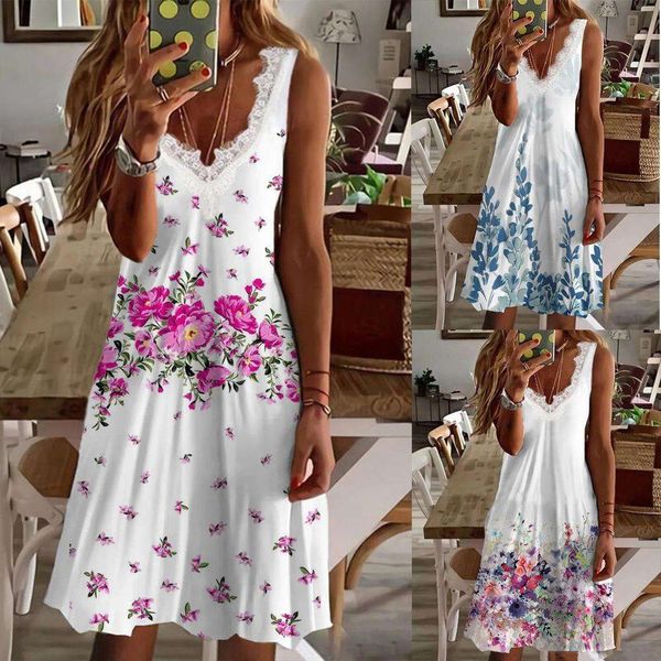 

summer lace v neck fashion printed sleeveless dress, Black;gray