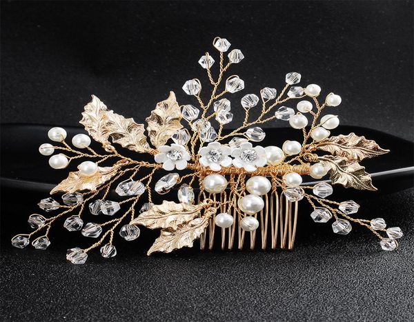 

gold color women hairpieces wedding hair combs handmade crystal pearls bridal hair jewelry accessories jch1689245325, Golden;white