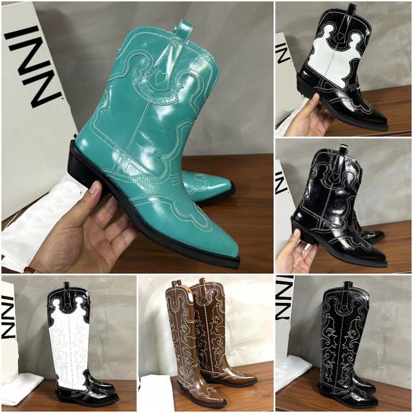 

western red low shaft women embroidered western boots designer fashion american boots high-quality cow leather pointed cowboy boots size 35-, Black