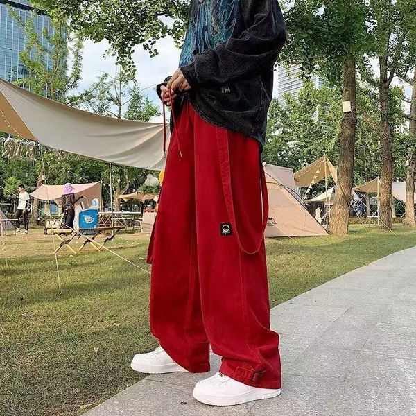 

mens pants american high street red large pocket overalls summer sports pure cotton mens and womens casual pants loose mopping trousers 2307, Black