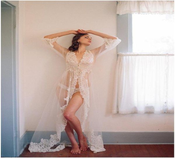

long bridal jackets sheer lace cloth floor length long sleeves appliques laceup bridal sleeping cloth custom made 6602916, White
