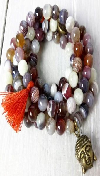 

mg0833 luxurious design grade natural botswana agate 108 mala yoga jewelry buddha head charm tassel mala necklace 8867047, Black