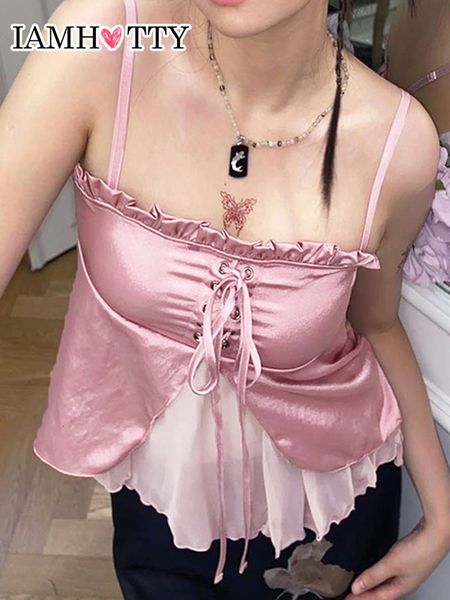 

women's tanks camis iamty pink ruffled 2-layer satin tight bra y2k coquette sleeveless crop cute lace stitching camis summer lolita tan, White