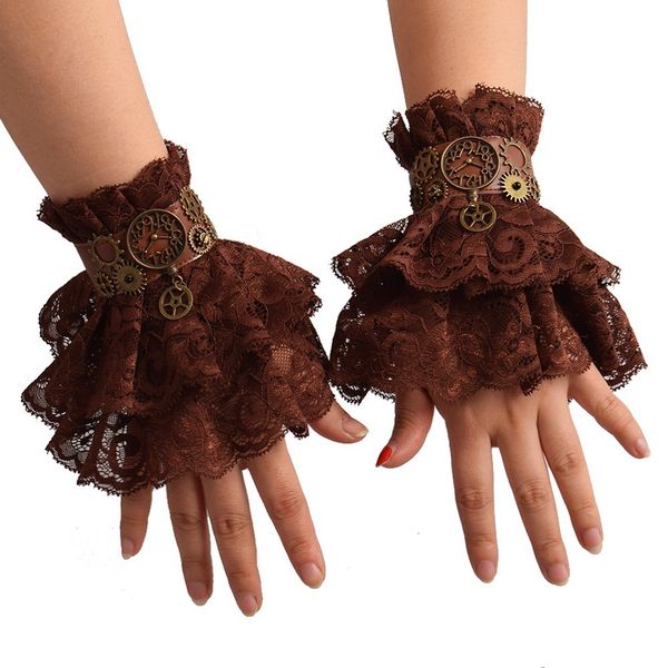 

five fingers gloves steampunk gloves wrist cuffs women gothic punk lolita cosplay hand sleeve brown ruffled lace bracelets 230712, Blue;gray