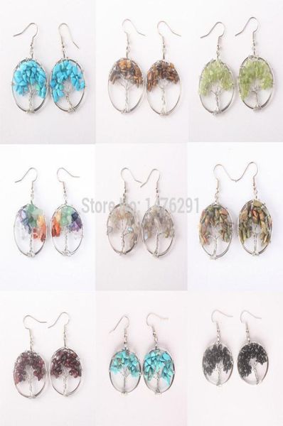 

tree of life wire wrapped tumbled stone beads round dangle drop hook earrings 1pair17875351, Silver