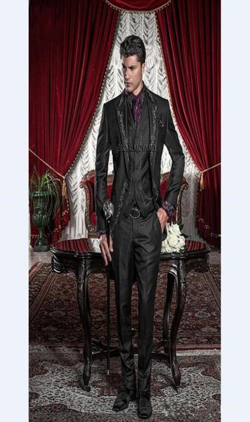 

new embroidery groomsmen one button groom tailcoat 3 piece men suits weddingprom man blazer jacketpantsvesttie 3447466229, Black;gray