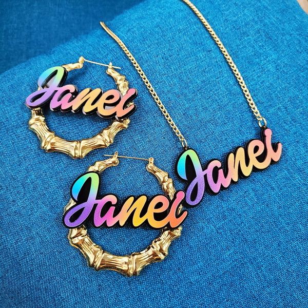 

hoop huggie rainbow color name customizable earring dangle bamboo earring 230712, Golden;silver