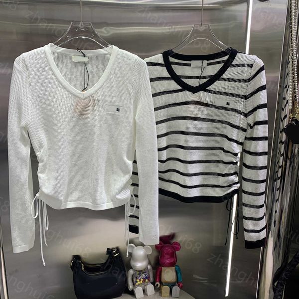 

23ss women sweater womens designer clothing v-neck chest logo embroidered cut-out striped knit womens clothing, White;black