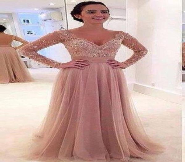 

a line prom dresses v neck illusion long sleeves tulle evening dress blush vestidos de novia party gowns7720737, Black
