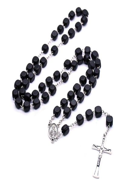 

2021 black square wood christ rosary neckalce vintage cross beads strand necklace long religious pray jewelry new6845051, Silver