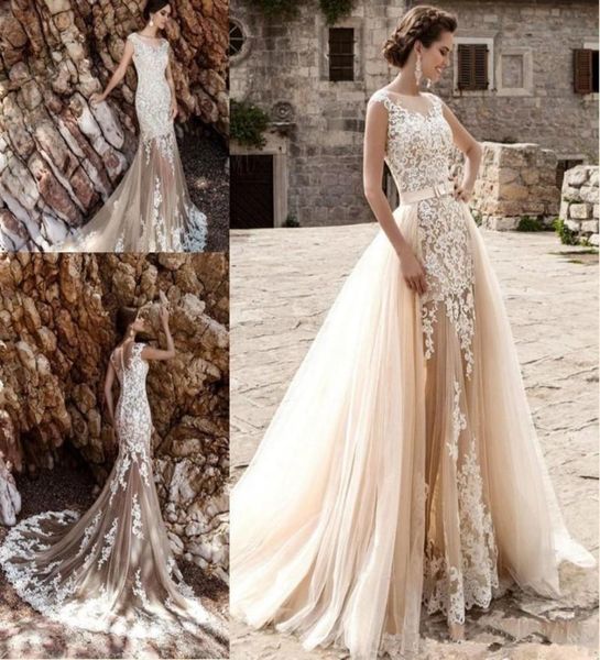 

champagne vintage lace detachable skirt wedding dresses 2020 detachable wedding dress train vestido de noiva bridal gowns bea7370495, White