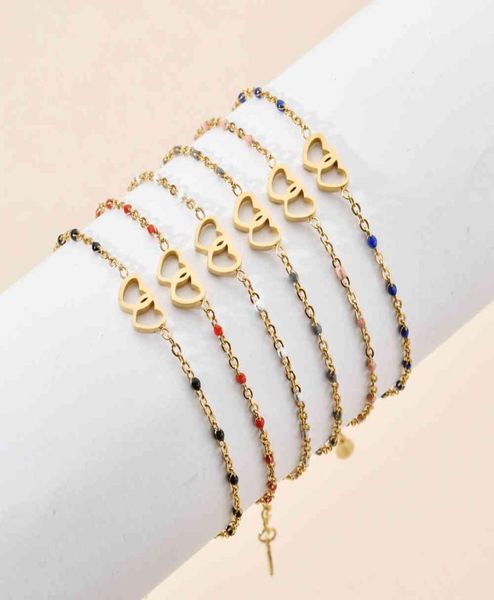 

zmzy 6pcsset lots whole fashion heart double bracelet anklet for women adjustable stainless steel chain bracelets jewelry l5751504, Golden;silver